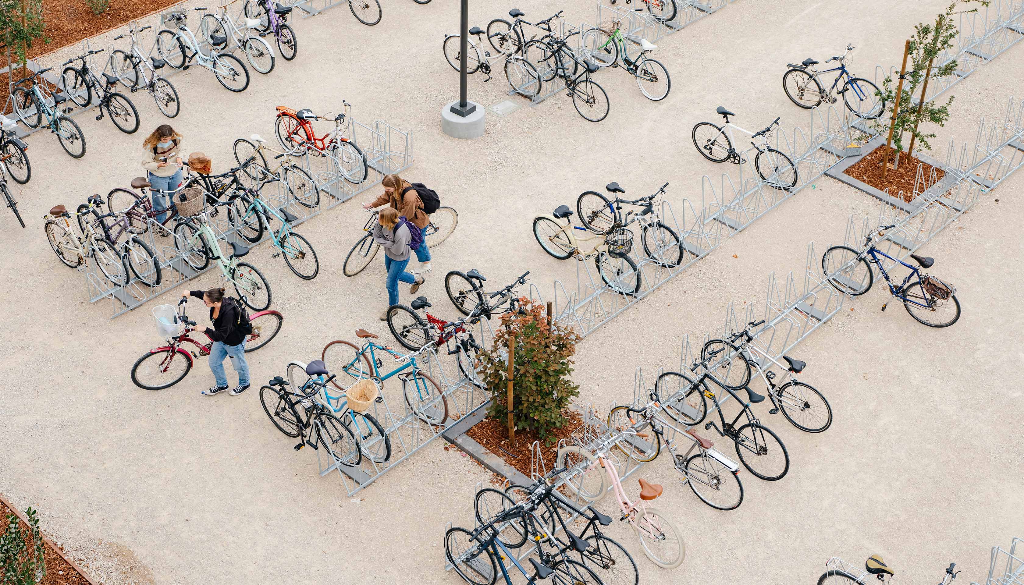 aerial view of students at bike rack